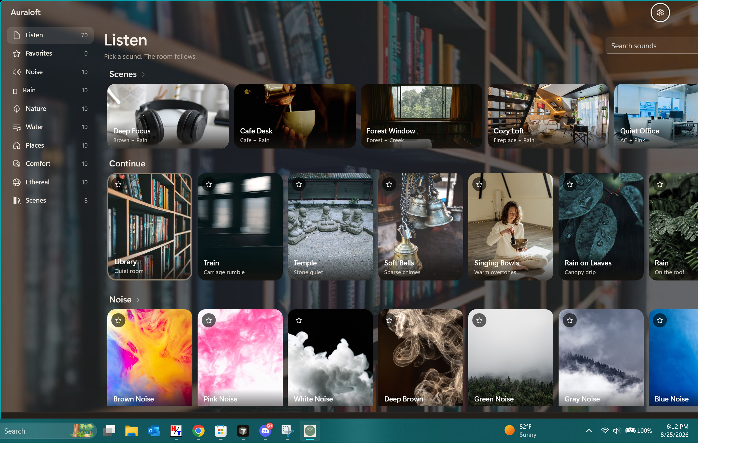 Auraloft on Windows showing a library of calming sounds